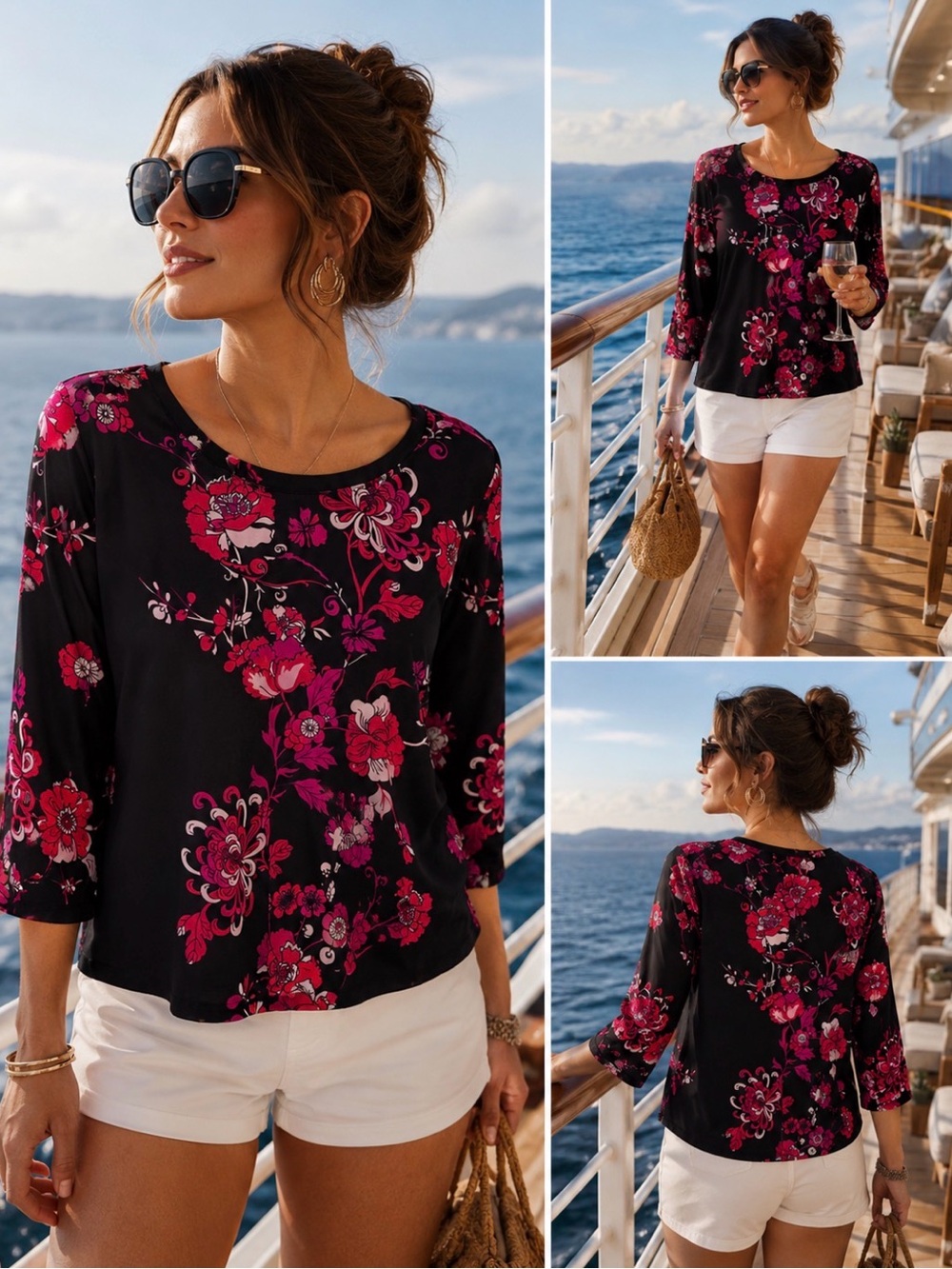 Investments Black Long-Sleeve Floral Top with Pink Print